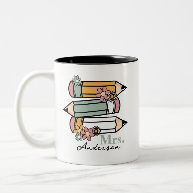 Cute Retro Teacher Pencils Personized  Two-Tone Coffee Mug (Left)