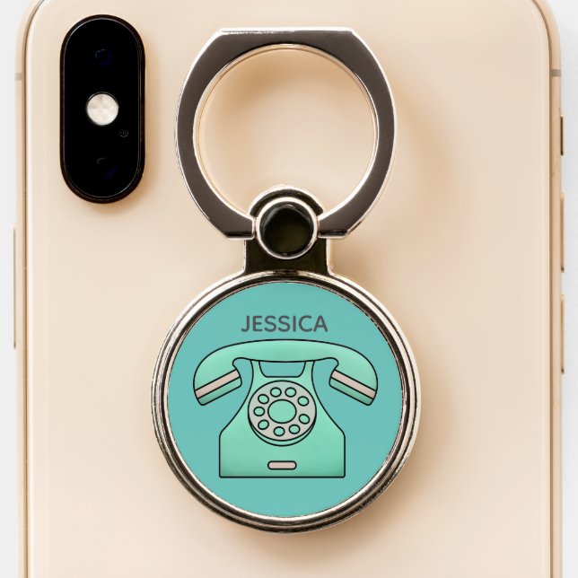 Cute Retro Teal Telephone Personalised Phone Ring Stand (Close Up)