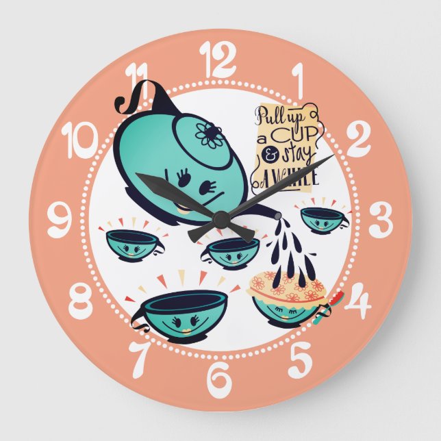 Cute retro teapot tea cup shower kitchen large clock (Front)