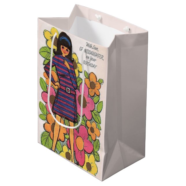 Cute retro teen girl Happy Birthday Grand daughter Medium Gift Bag (Front Angled)