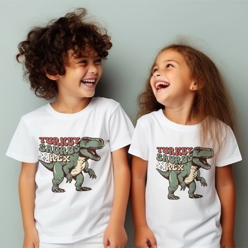 Cute Retro Thanksgiving Turkey Saurus Rex Kids T_Shirt