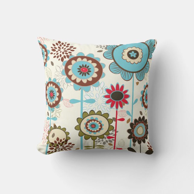 Cute retro turquoise blue floral pattern custom throw pillow (Front)