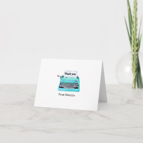 Cute Retro Typewriter Personalized Aqua Thank You Note Card