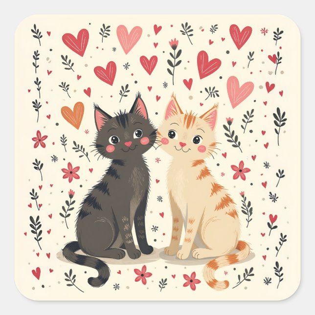 Cute Retro Valentine Cats Square Sticker (Front)