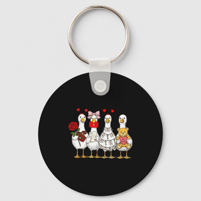 Cute Retro Valentine Silly Gooses Duck Love Couple Keychain (Front)