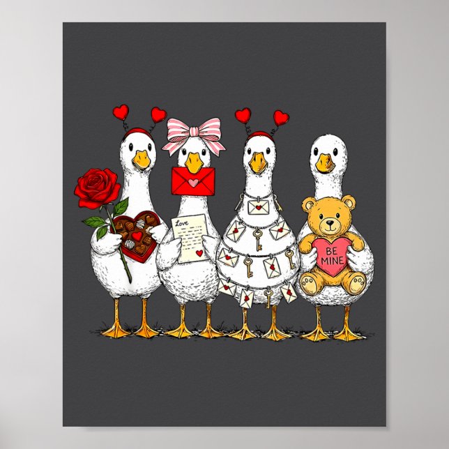 Cute Retro Valentine Silly Gooses Duck Love Couple Poster (Front)