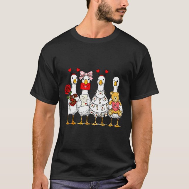 Cute Retro Valentine Silly Gooses Duck Love Couple T-Shirt (Front)