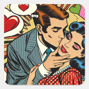 Cute Retro Valentine's Day Kiss Square Sticker