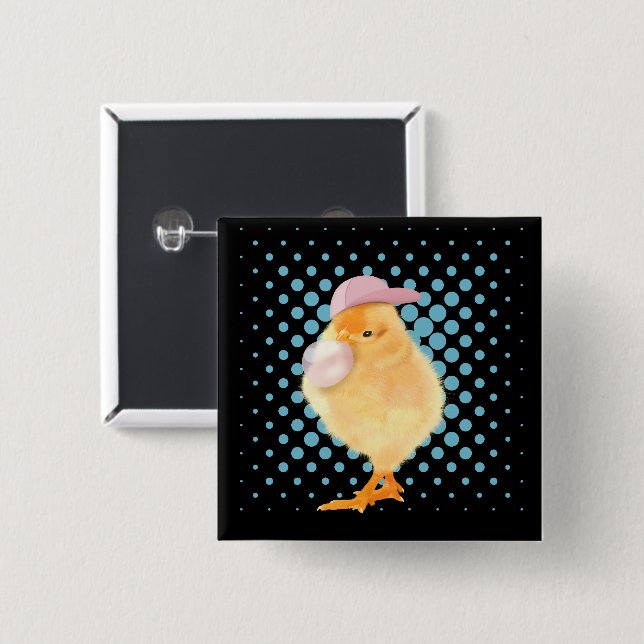 Cute Retro Vibes Chick Blowing Bubblegum Black Button (Front & Back)