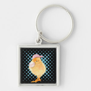 Cute Retro Vibes Chick Blowing Bubblegum Black Keychain