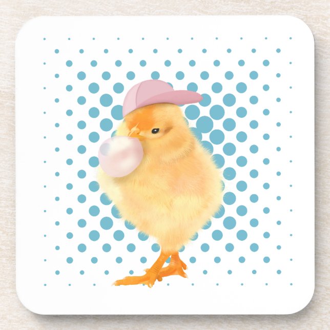 Cute Retro Vibes Chick Blowing Bubblegum White Beverage Coaster (Front)