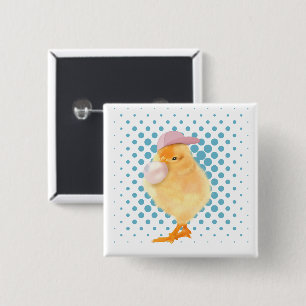 Cute Retro Vibes Chick Blowing Bubblegum White Button