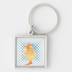 Cute Retro Vibes Chick Blowing Bubblegum White Keychain