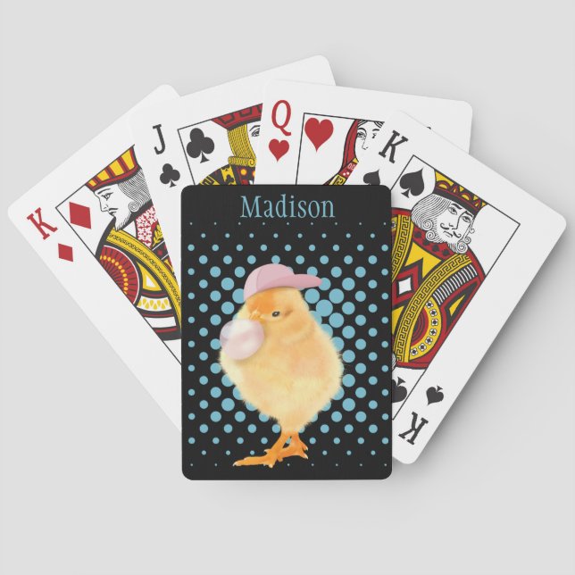 Cute Retro Vibes Chick Blowing Pink Bubblegum  Poker Cards (Back)
