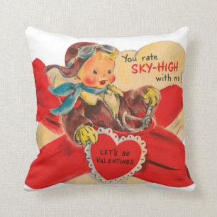 Cute retro vintage airplane kid Valentine Throw Pillow