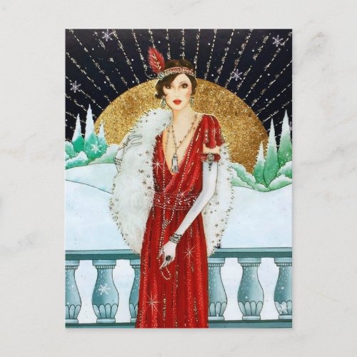 Cute retro vintage art deco Christmas lady Holiday Postcard