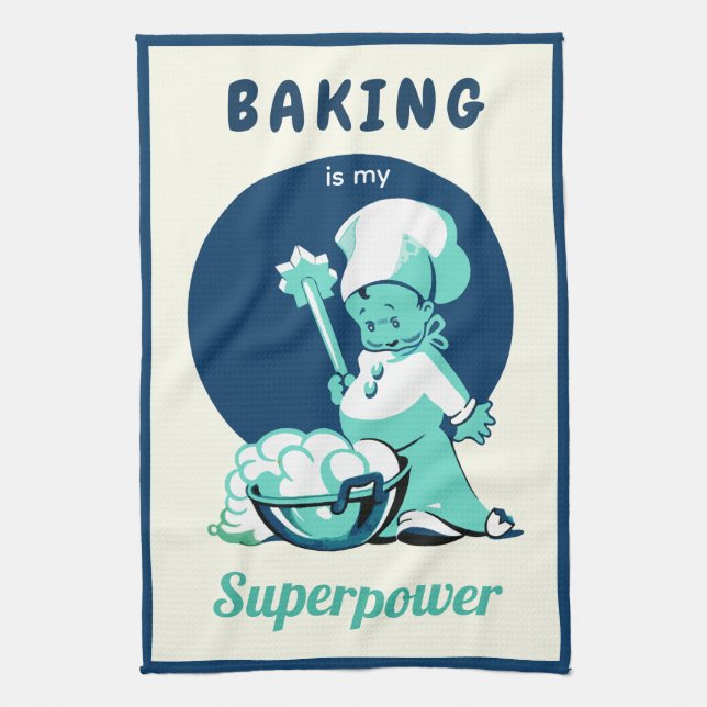 Cute Retro Vintage Blue Boy Baker Kitchen Towel (Vertical)