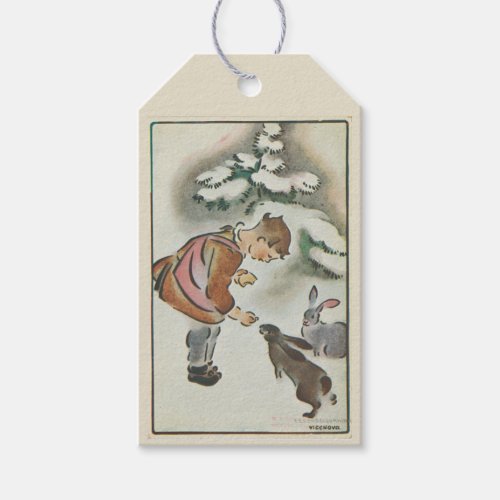Cute Retro Vintage Bunny Rabbits in Winter Gift Tags