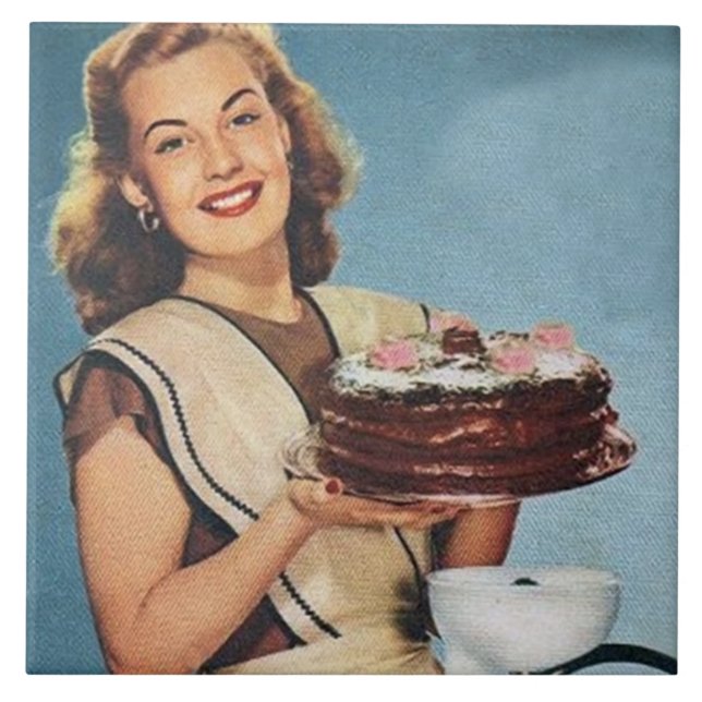 Cute retro vintage cake lady kitchen ceramic tile (Front)