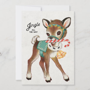 Cute Retro Vintage Christmas Deer with Candycane Holiday Card