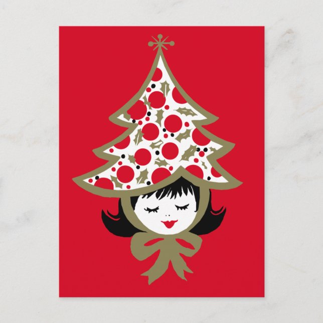 Cute Retro Vintage Christmas Girl with Tree Hat Holiday Postcard (Front)