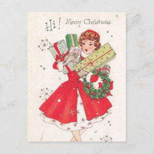 Cute retro vintage Christmas Holiday shopping lady