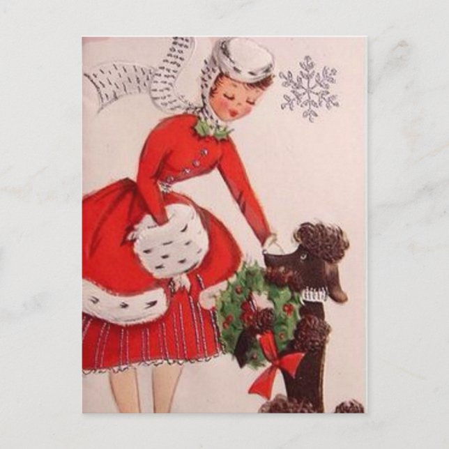Cute retro vintage Christmas lady dog Holiday Postcard (Front)