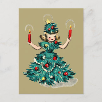 Cute Retro Vintage Christmas Tree Girl Holiday Postcard
