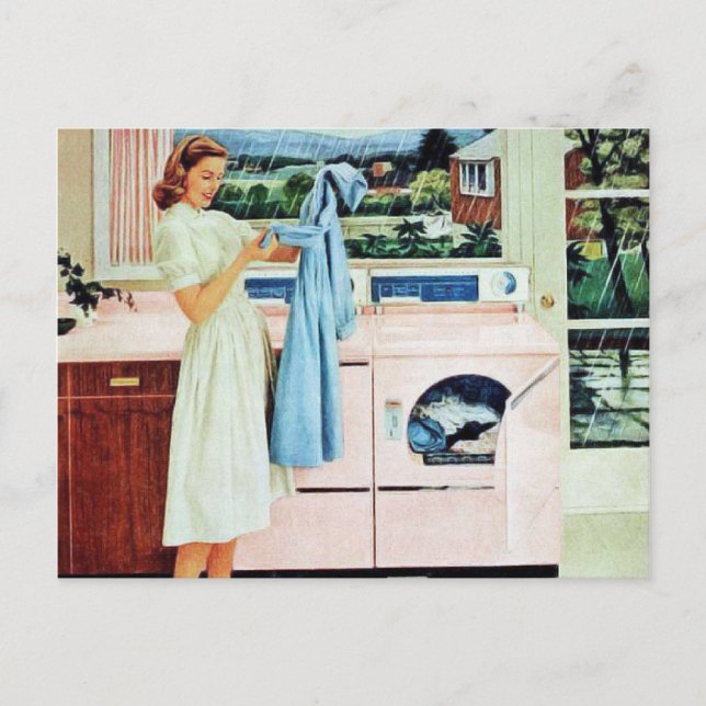 Cute retro vintage cleaning housewife holiday postcard (Front)