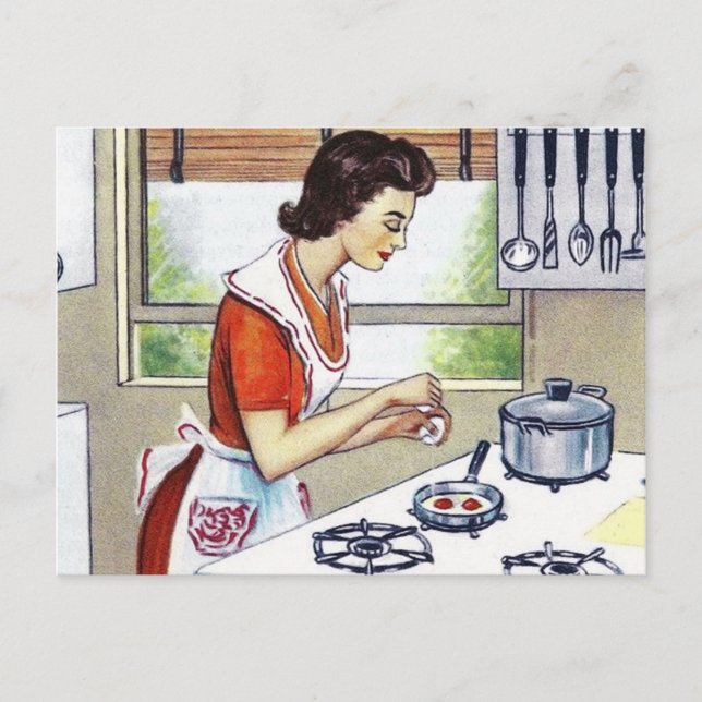 Cute retro vintage cooking lady holiday postcard (Front)
