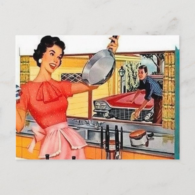 Cute retro vintage couple kitchen holiday postcard (Front)