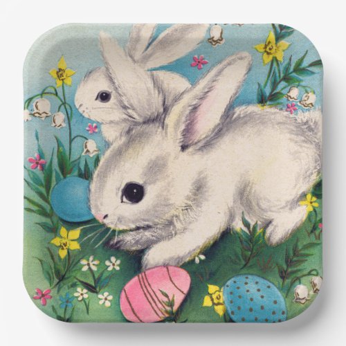 cute retro vintage Easter bunnies Paper Plates