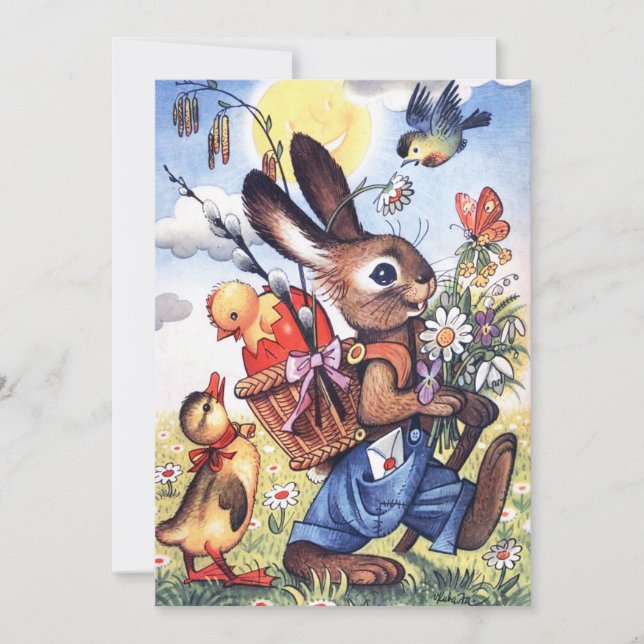 Cute retro vintage Easter bunny add message card (Front)