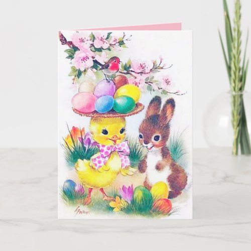 Cute retro vintage Easter bunny chick add message Holiday Card