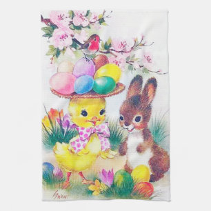 Cute retro vintage Easter bunny chick Holiday Kitchen Towel
