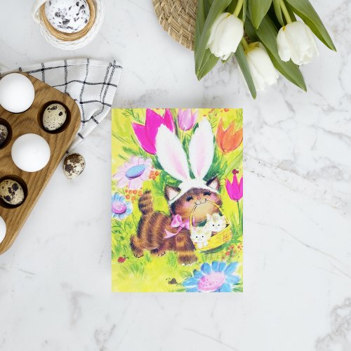 Cute retro vintage Easter cat add message Holiday Card