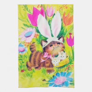 Cute retro vintage Easter cat Holiday Kitchen Towel