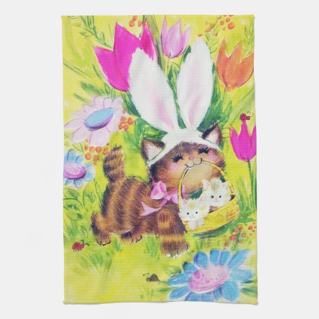 Cute retro vintage Easter cat Holiday Kitchen Towel (Vertical)