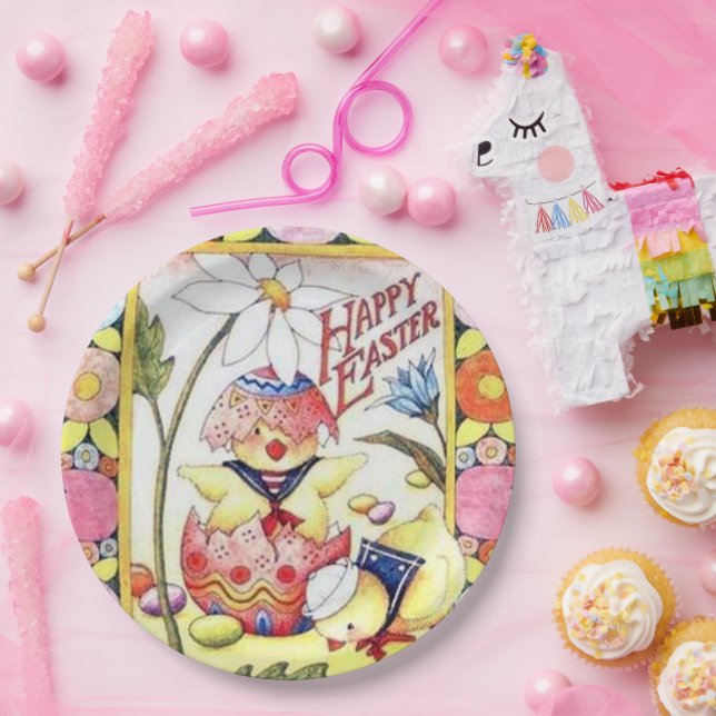 cute retro vintage Easter chick party Paper Plates (Party)