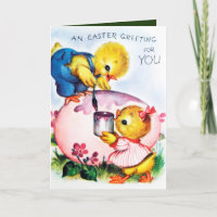 Cute retro vintage Easter chicks add message Holiday Card