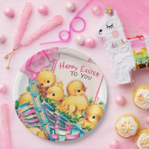 cute retro vintage Easter chicks party Paper Plates