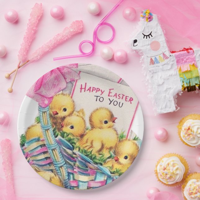 cute retro vintage Easter chicks party Paper Plates (Party)