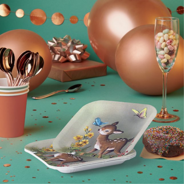 cute retro vintage Easter deer party Paper Plates (Multi)