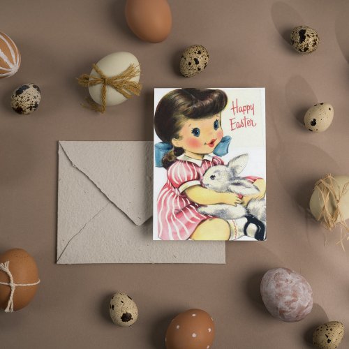 Cute retro vintage Easter girl add mesage Holiday Card