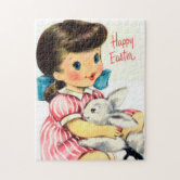 Charming vintage Easter girl and chick puzzle