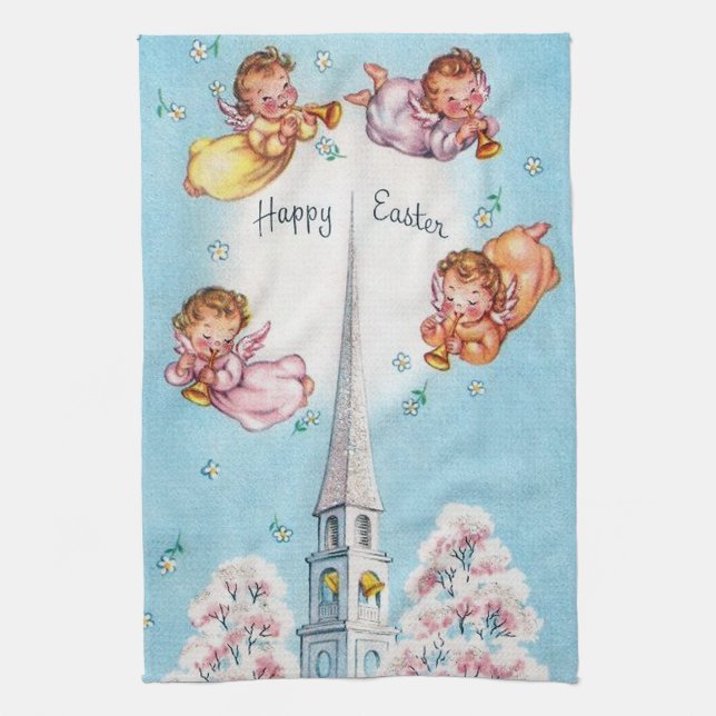 Cute retro vintage Esater Angels Kitchen Towel (Vertical)