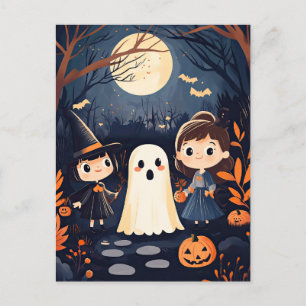 Cute Retro Vintage Halloween Kids Ghost Pumpkin Postcard
