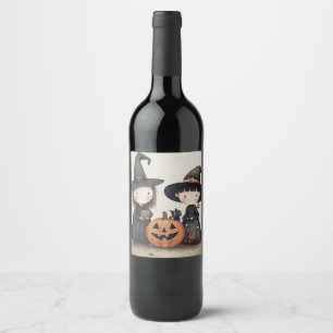 Cute Retro Vintage Halloween Kids Trick or Treat Wine Label