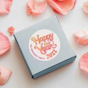 Cute Retro Vintage Happy New Year Orange Typo Classic Round Sticker