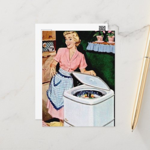 cute retro vintage laundry lady postcard